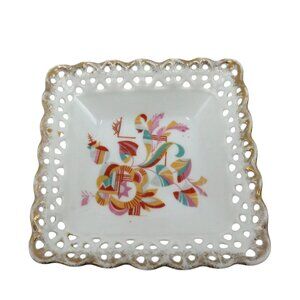 SQUARE Floral RETICULATED Small Bowl Dish Gold Accents Germany Vintage
